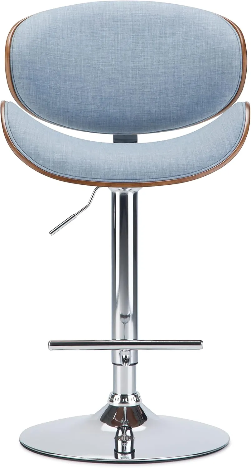 SIMPLIHOME Marana Adjustable Swivel Bar Stool - 33 inch Seat Height Upholstered Metal Bar Chair in Denim Blue Linen Look Fabric, Mid Century Seating for Kitchen or Bar with Curved Bentwood Back