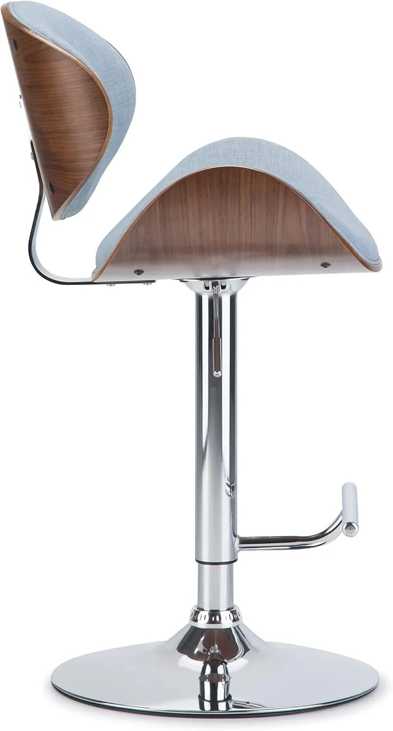 SIMPLIHOME Marana Adjustable Swivel Bar Stool - 33 inch Seat Height Upholstered Metal Bar Chair in Denim Blue Linen Look Fabric, Mid Century Seating for Kitchen or Bar with Curved Bentwood Back
