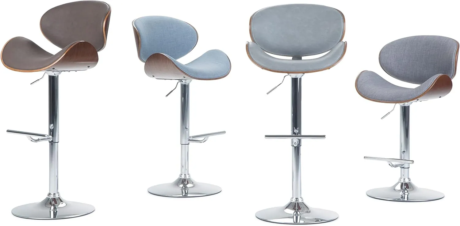 SIMPLIHOME Marana Adjustable Swivel Bar Stool - 33 inch Seat Height Upholstered Metal Bar Chair in Denim Blue Linen Look Fabric, Mid Century Seating for Kitchen or Bar with Curved Bentwood Back