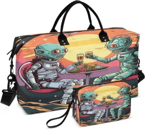 Sinestour Aliens Dinner Space Planet Travel Duffel Bag for Men Women with Makeup Bag Weekend Overnight Carry On Bags for Travel Gym Yoga