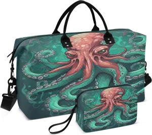 Sinestour Watercolor Cool Octopus Travel Duffel Bag for Men Women with Makeup Bag Weekend Overnight Carry On Bags for Yoga Travel Gym