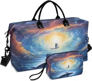 Sinestour Watercolor Cosmic Sea Whale Travel Duffel Bag for Men Women with Makeup Bag Weekend Overnight Carry On Bags for Travel Hospital Gym