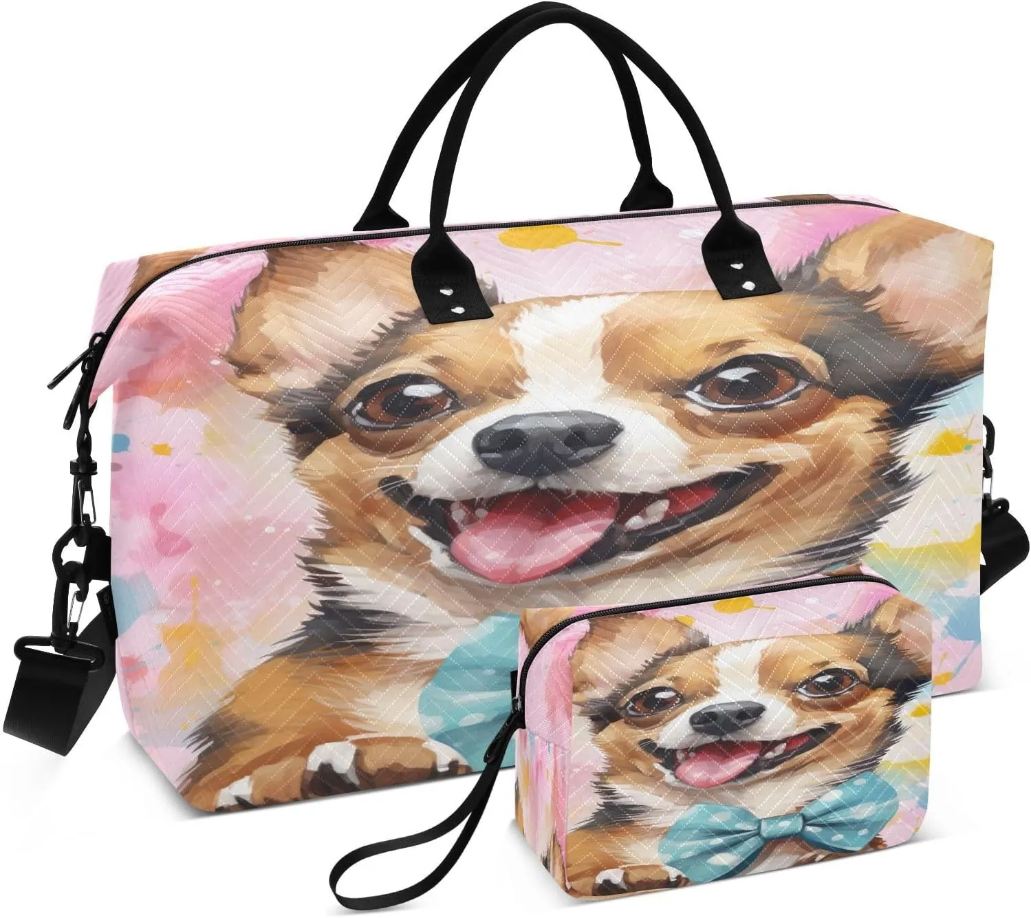 Sinestour Watercolor Cute Chihuahua Dog Travel Duffel Bag for Men Women with Makeup Bag Weekend Overnight Carry On Bags for Airline Travel Gym