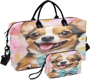 Sinestour Watercolor Cute Chihuahua Dog Travel Duffel Bag for Men Women with Makeup Bag Weekend Overnight Carry On Bags for Airline Travel Gym
