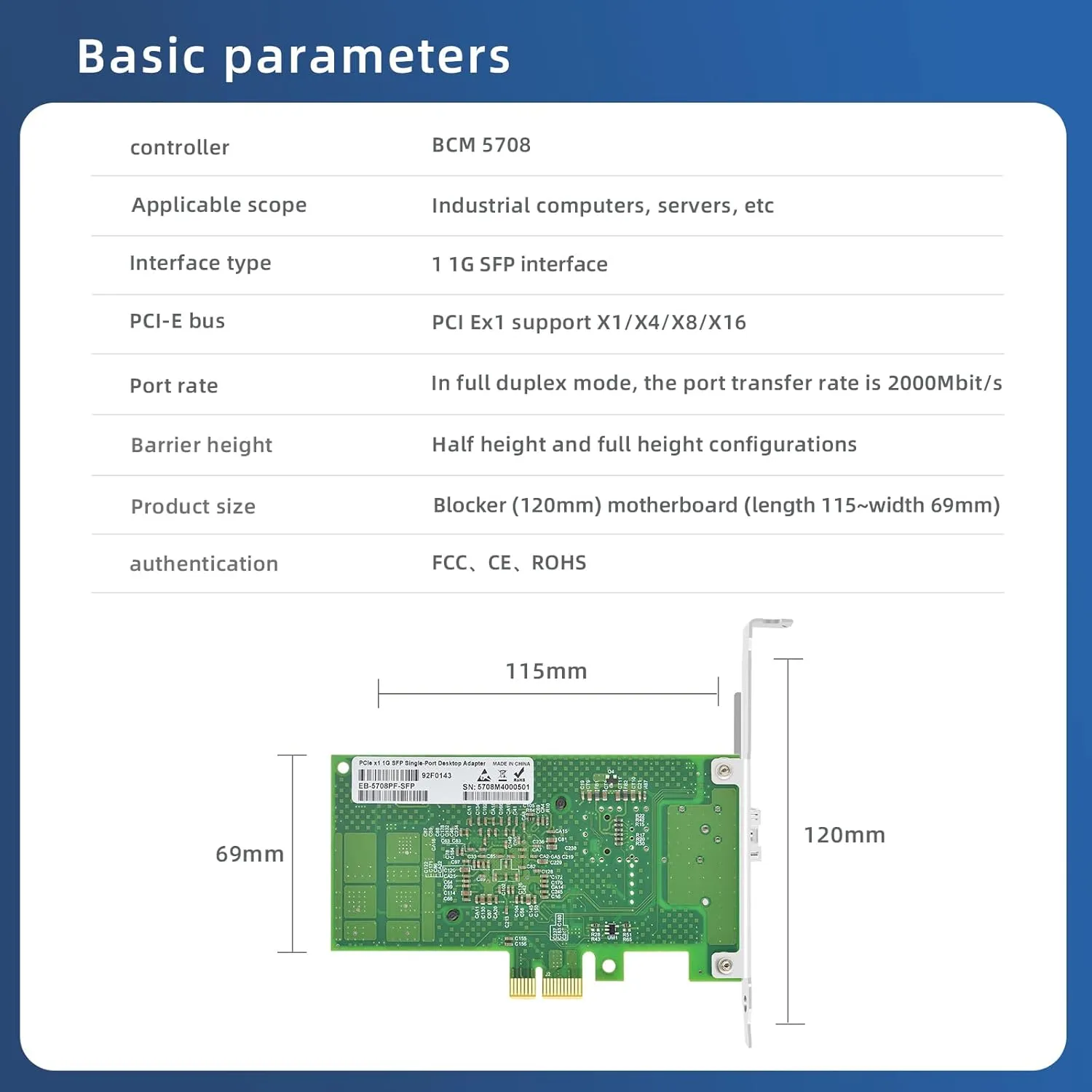 Single SFP Port Gigabit Fiber Optic Network Card (with 1 Piece Multi-Mode Optical Module) PCI-E X1 with BCM Broadcom 5708 Chip LAN Ethernet Adapter NIC Server Support Windows Server