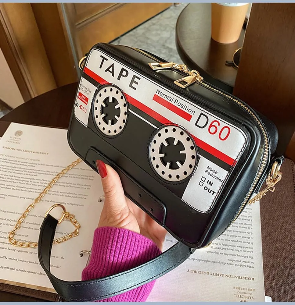 Sister Amy® Retro Tape-Strap Crossbody Bag Women's PU Evening Clutch Shoulder Bag Radio Recorder PU Crossbody Bag