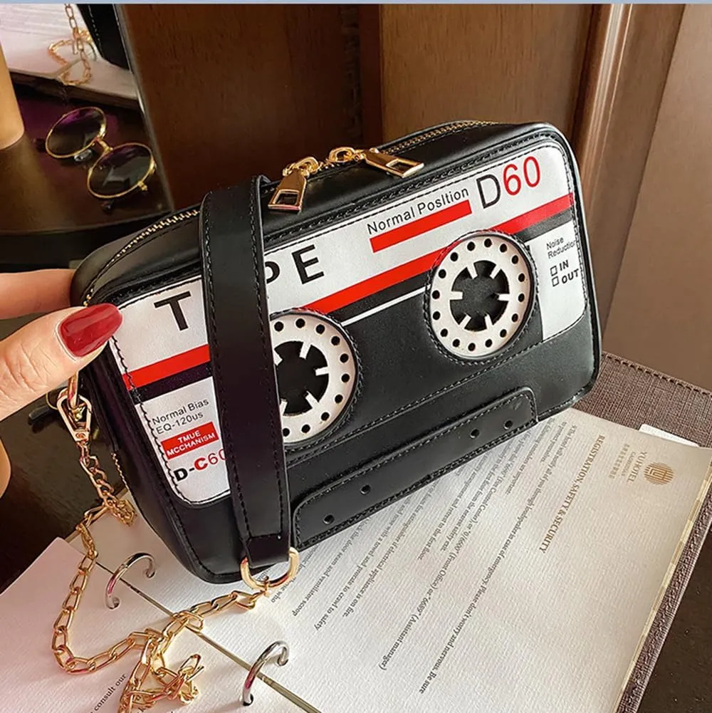 Sister Amy® Retro Tape-Strap Crossbody Bag Women's PU Evening Clutch Shoulder Bag Radio Recorder PU Crossbody Bag