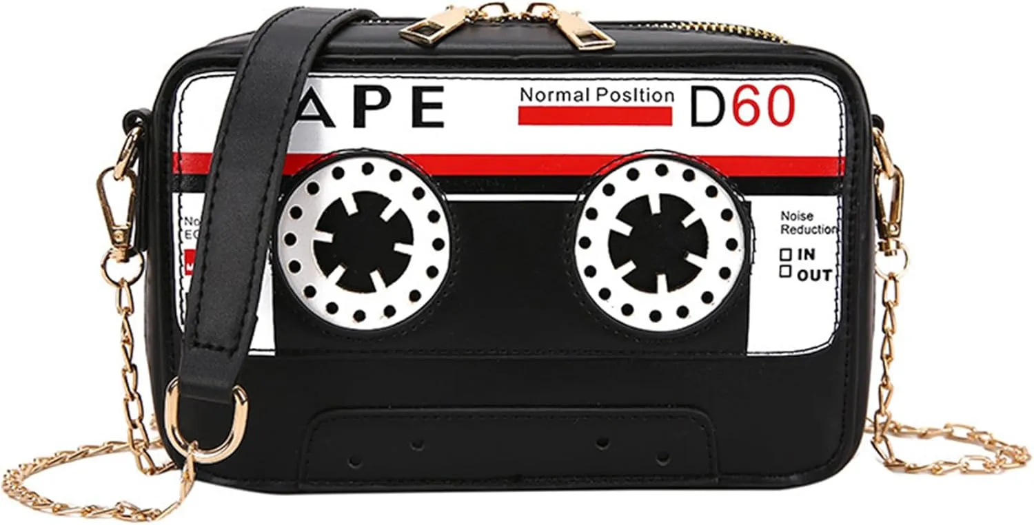 Sister Amy® Retro Tape-Strap Crossbody Bag Women's PU Evening Clutch Shoulder Bag Radio Recorder PU Crossbody Bag