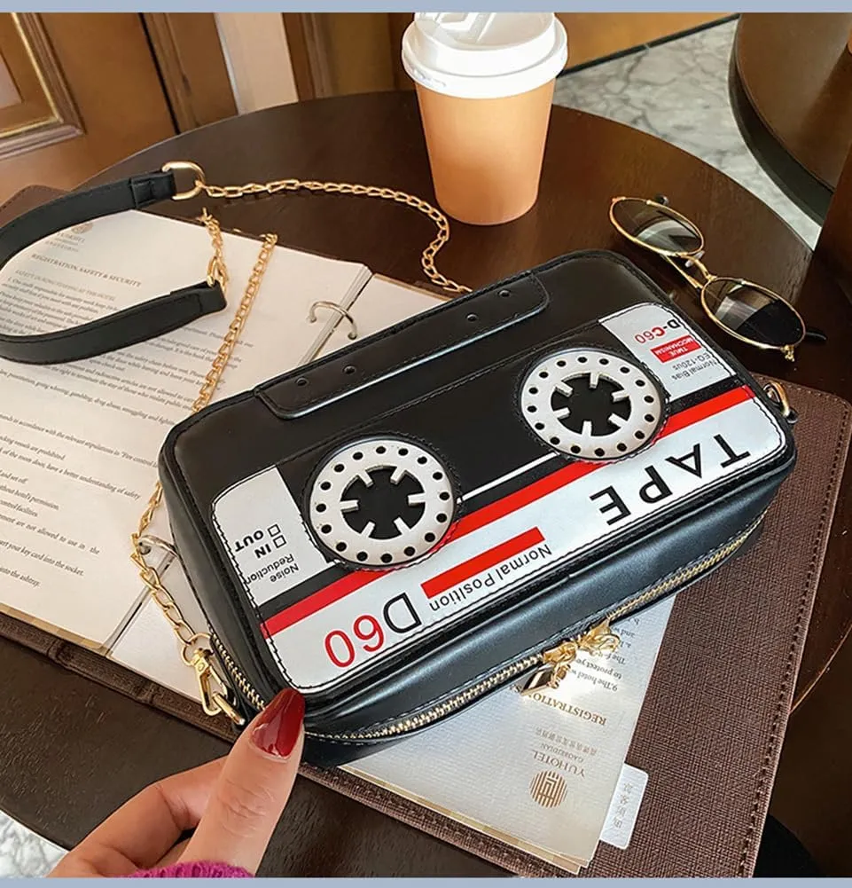 Sister Amy® Retro Tape-Strap Crossbody Bag Women's PU Evening Clutch Shoulder Bag Radio Recorder PU Crossbody Bag