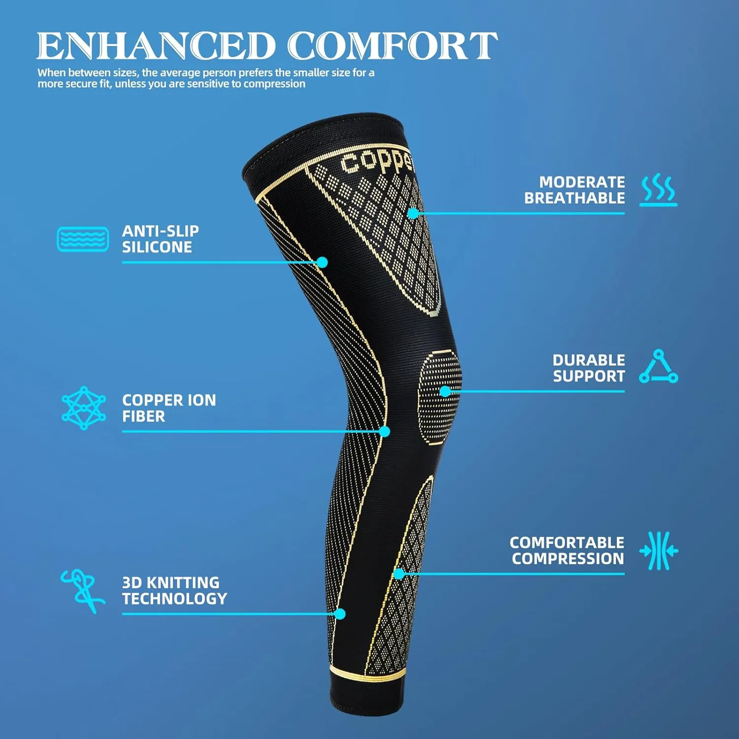 SKDK Copper Full Leg Sleeves Long Compression Leg Sleeve Knee Sleeves Protect Leg for Knee Pain Relief, Workout and Sports