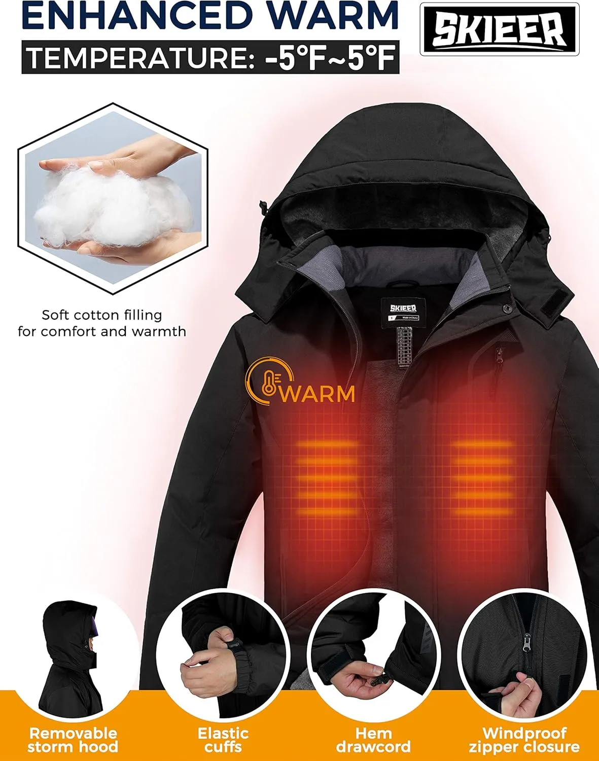 Skieer Men's Mountain Waterproof Ski Jacket Winter Rain Jacket Warm Fleece Snow Coat