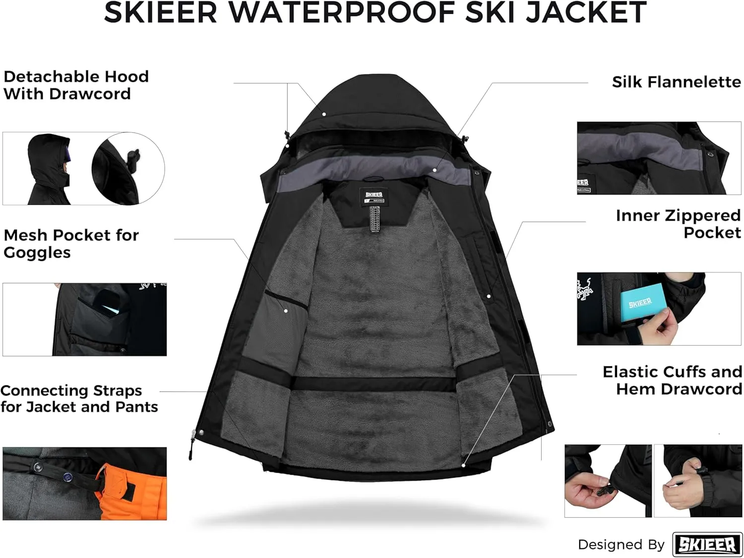 Skieer Men's Mountain Waterproof Ski Jacket Winter Rain Jacket Warm Fleece Snow Coat