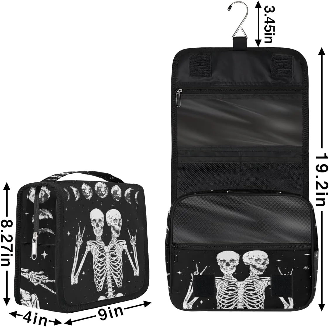 Skull Moon Hanging Travel Toiletry Bag for Women Men, Skeleton Halloween Galaxy Makeup Bag Portable Cosmetic Bag Travel Organizer for Accessories