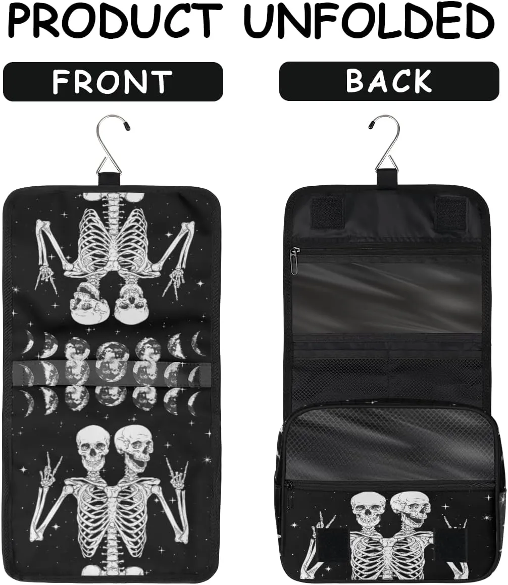 Skull Moon Hanging Travel Toiletry Bag for Women Men, Skeleton Halloween Galaxy Makeup Bag Portable Cosmetic Bag Travel Organizer for Accessories