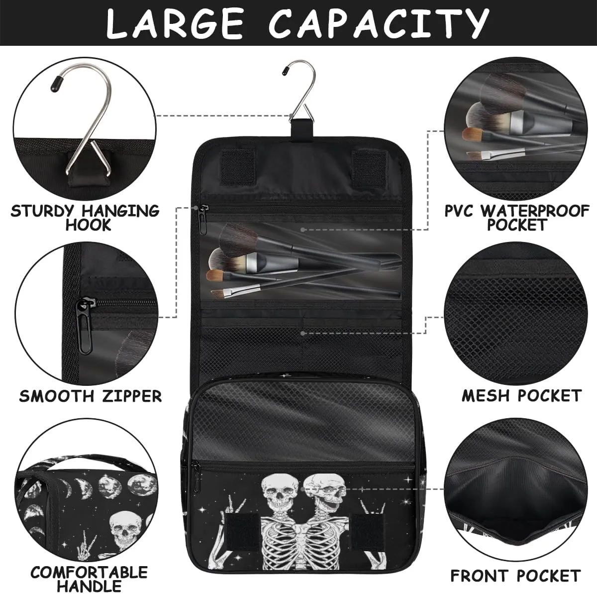 Skull Moon Hanging Travel Toiletry Bag for Women Men, Skeleton Halloween Galaxy Makeup Bag Portable Cosmetic Bag Travel Organizer for Accessories