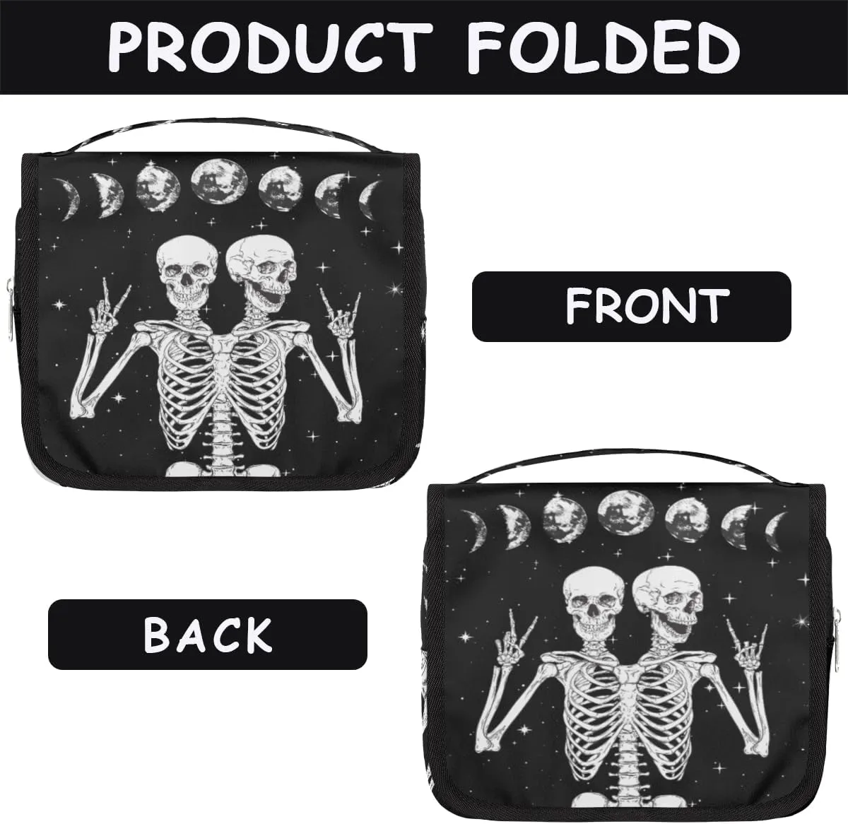 Skull Moon Hanging Travel Toiletry Bag for Women Men, Skeleton Halloween Galaxy Makeup Bag Portable Cosmetic Bag Travel Organizer for Accessories