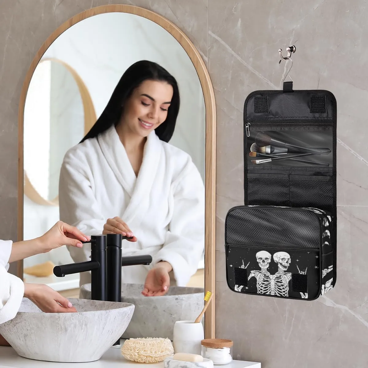 Skull Moon Hanging Travel Toiletry Bag for Women Men, Skeleton Halloween Galaxy Makeup Bag Portable Cosmetic Bag Travel Organizer for Accessories