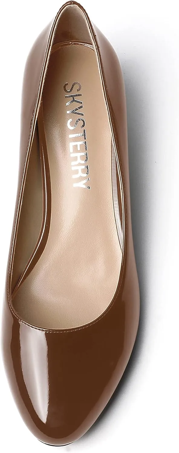 SKYSTERRY Women's Office Kitten Round Toe Slip On Patent Spool Low Heel Pumps Office Dress Shoes 1.5 Inch