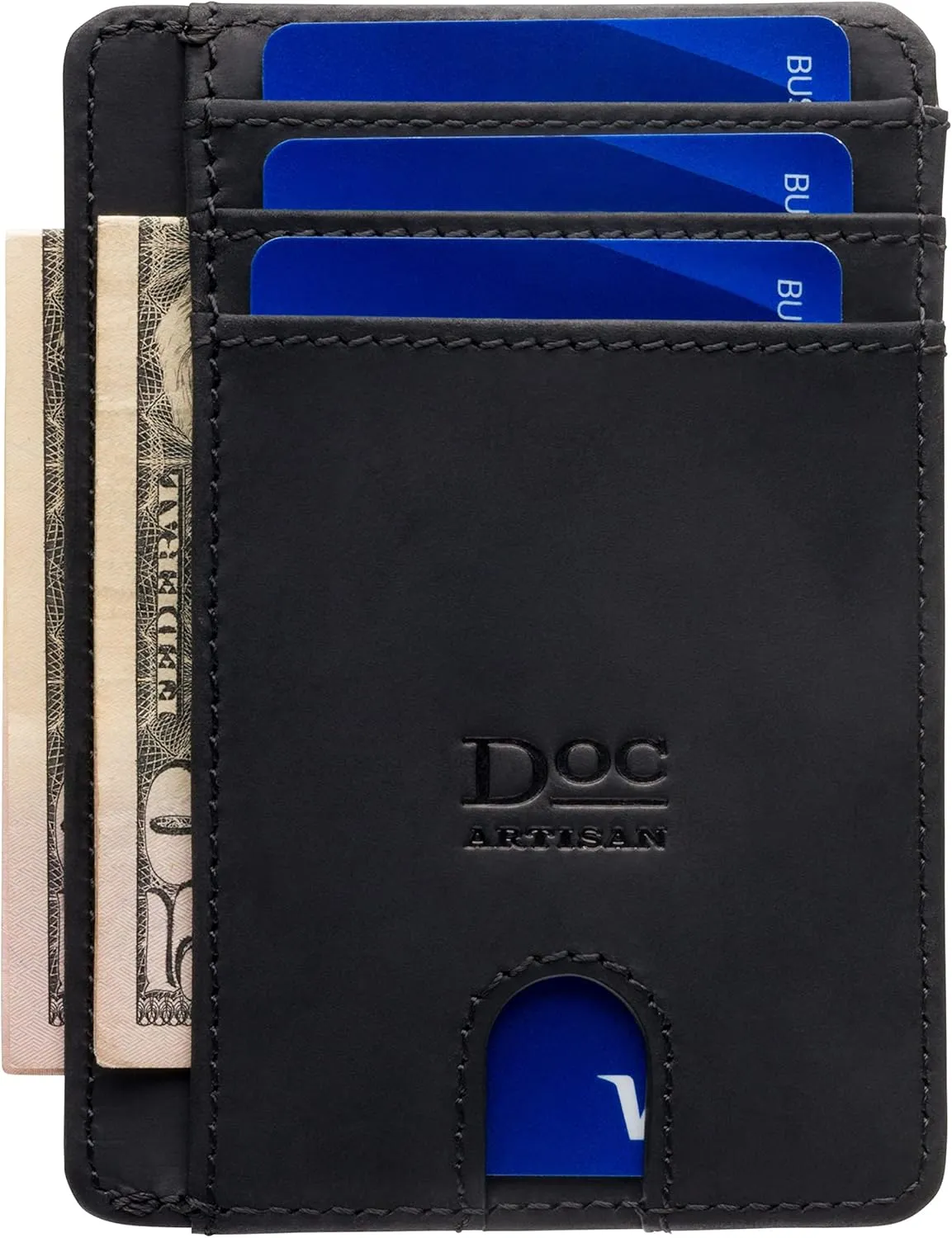 Slim Leather Wallet for Men | 100% Genuine Full Grain Leather | Minimalist Front Pocket Wallet (Black)