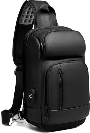 Sling Bag for Men Black Mens Crossbody Bag Waterproof Shoulder Backpack Chest Bags with USB Charger Port Casual Daypack for Hiking Travel