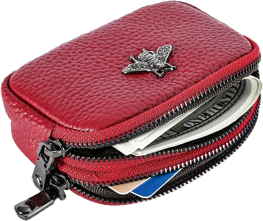Small Coin Purse For Women Leather Change Pouch Compact Card Holder Wallet Zipper (Wine Red)
