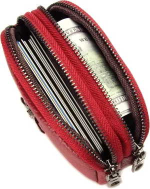 Small Coin Purse For Women Leather Change Pouch Compact Card Holder Wallet Zipper (Wine Red)