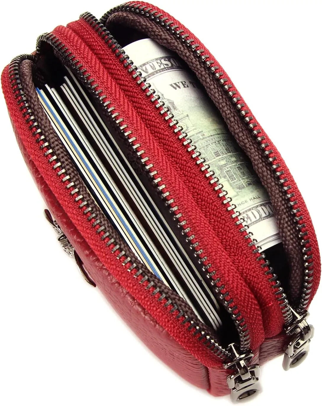 Small Coin Purse For Women Leather Change Pouch Compact Card Holder Wallet Zipper (Wine Red)