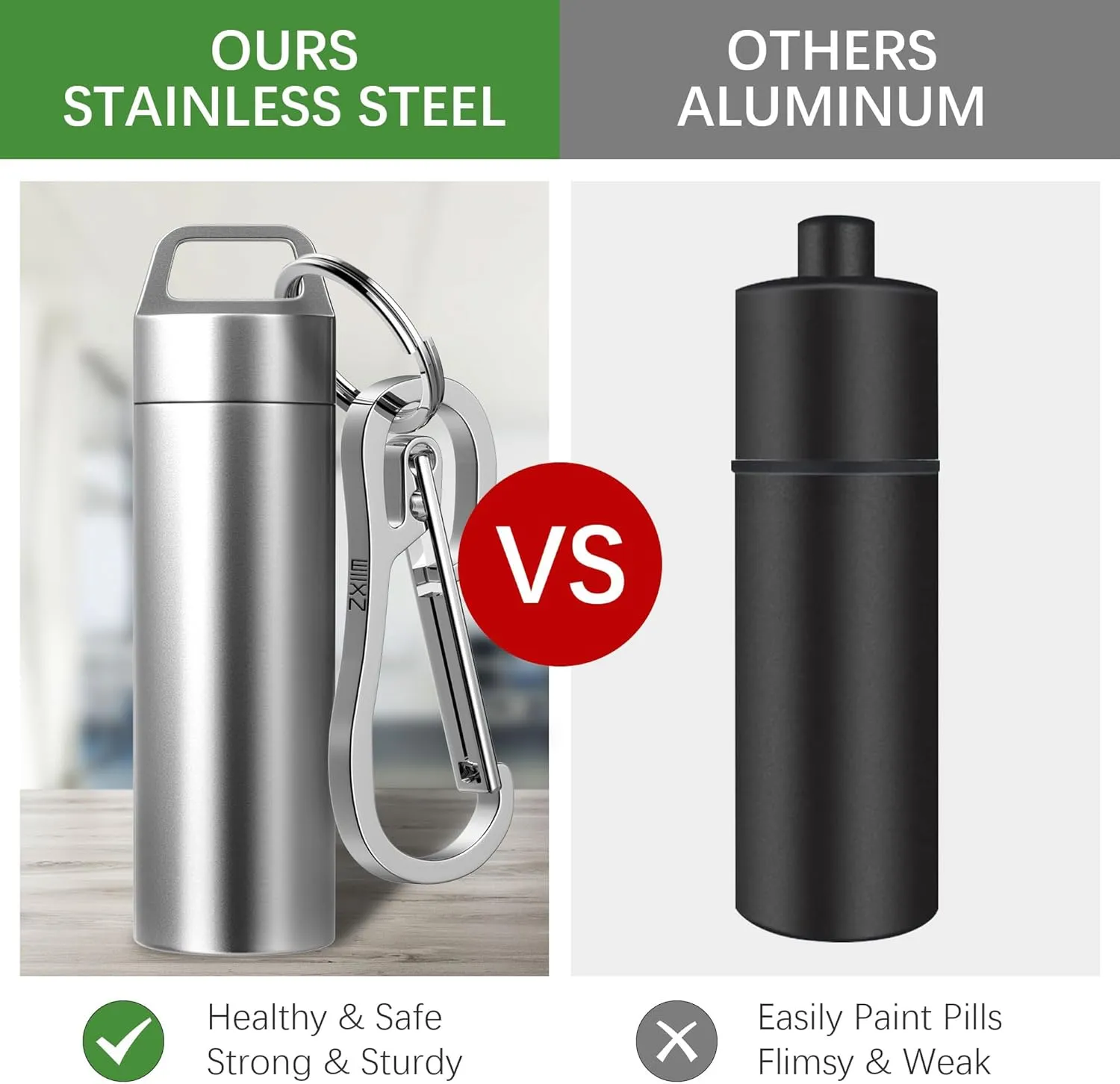Small Pill Case, Portable Metal Pill Holder Keychain Waterproof Pill Box Container Mini Stainless Steel Pill Organizer for Travel Purse Pocket