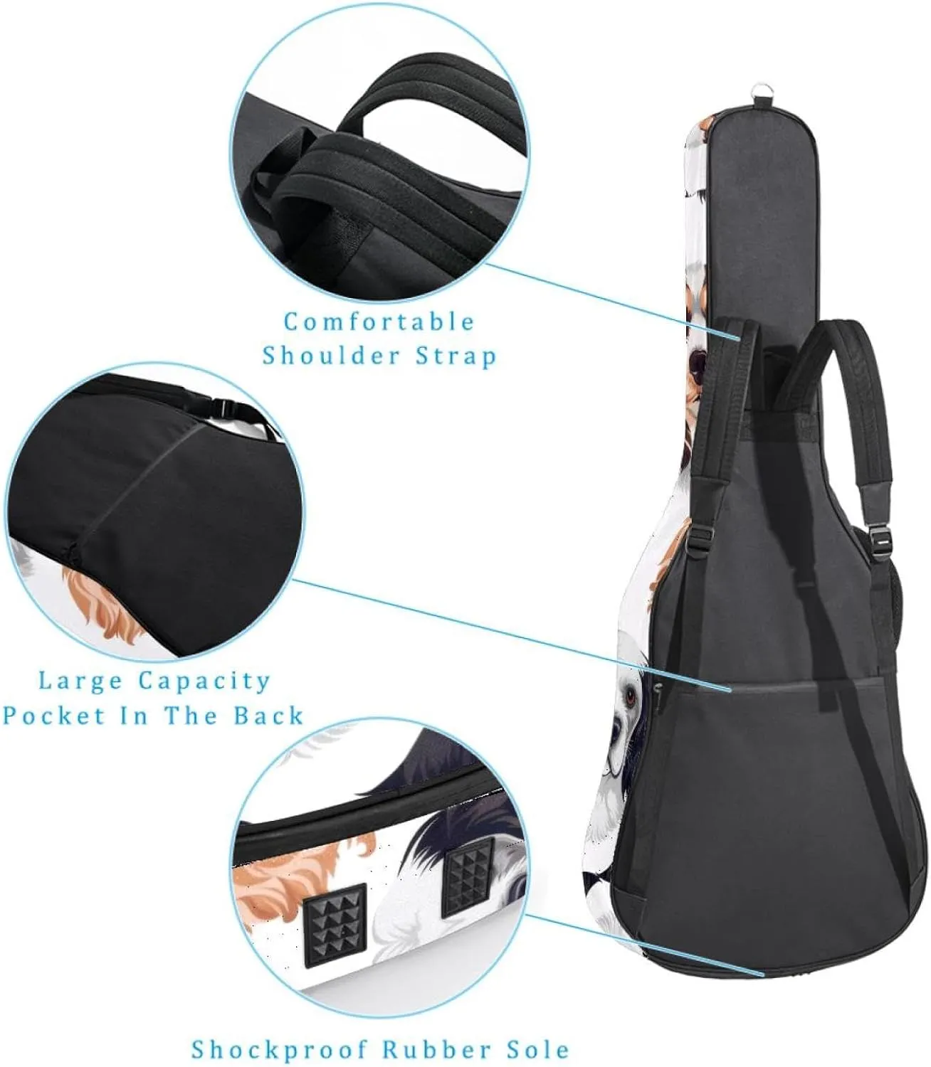 Small Puppy Dogs Acoustic Guitar Gig Bag, 1 cm Thick Padding Waterproof Guitar Case Backpack with Dual Adjustable Shoulder Strap for 40-42 Inch Guitar
