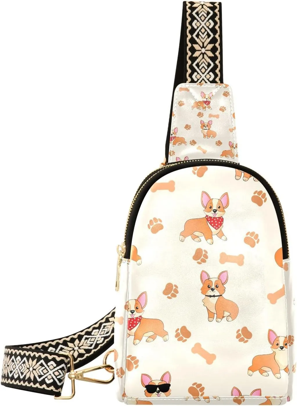 Small Sling Bag for Women Corgi with Paws and Bones Trendy Crossbody Bag Fanny Pack with Guitar Strap Funny Cartoons Leather Chest Bag for Women Outdoor Travel Outfit
