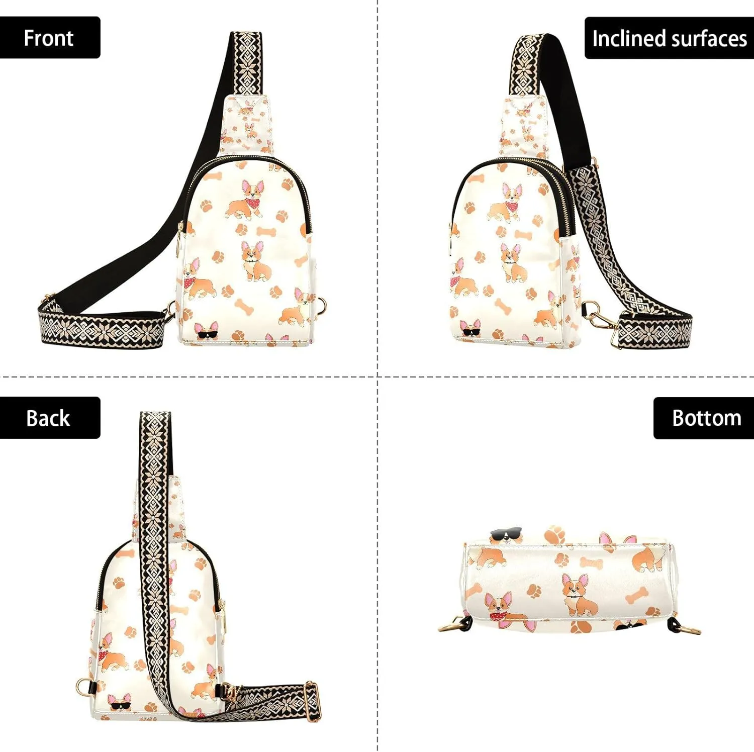 Small Sling Bag for Women Corgi with Paws and Bones Trendy Crossbody Bag Fanny Pack with Guitar Strap Funny Cartoons Leather Chest Bag for Women Outdoor Travel Outfit