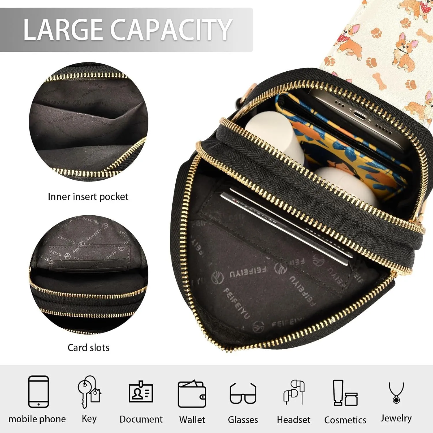 Small Sling Bag for Women Corgi with Paws and Bones Trendy Crossbody Bag Fanny Pack with Guitar Strap Funny Cartoons Leather Chest Bag for Women Outdoor Travel Outfit
