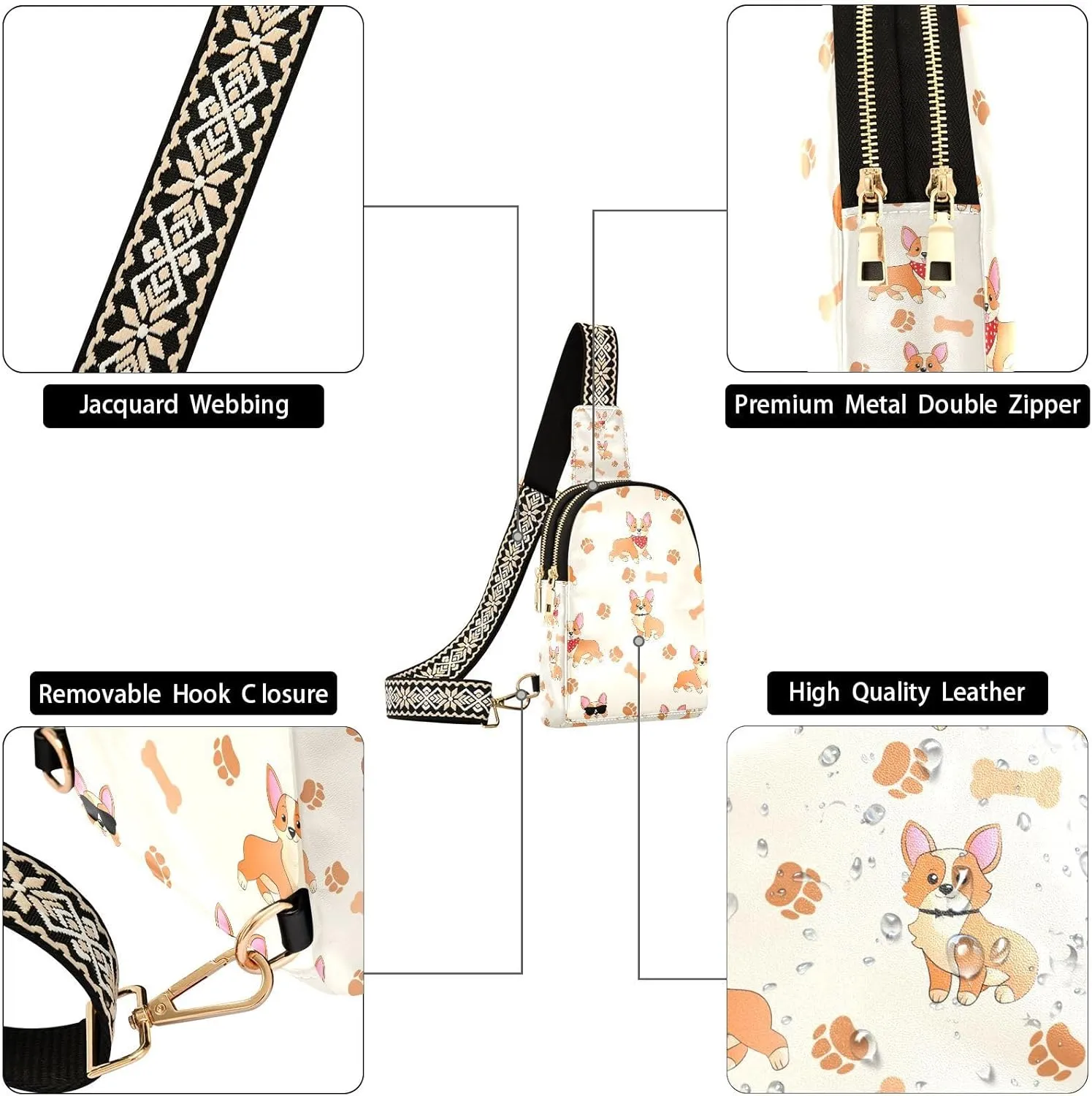 Small Sling Bag for Women Corgi with Paws and Bones Trendy Crossbody Bag Fanny Pack with Guitar Strap Funny Cartoons Leather Chest Bag for Women Outdoor Travel Outfit