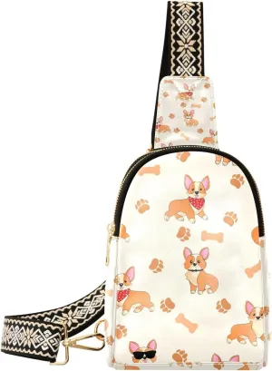Small Sling Bag for Women Corgi with Paws and Bones Trendy Crossbody Bag Fanny Pack with Guitar Strap Funny Cartoons Leather Chest Bag for Women Outdoor Travel Outfit