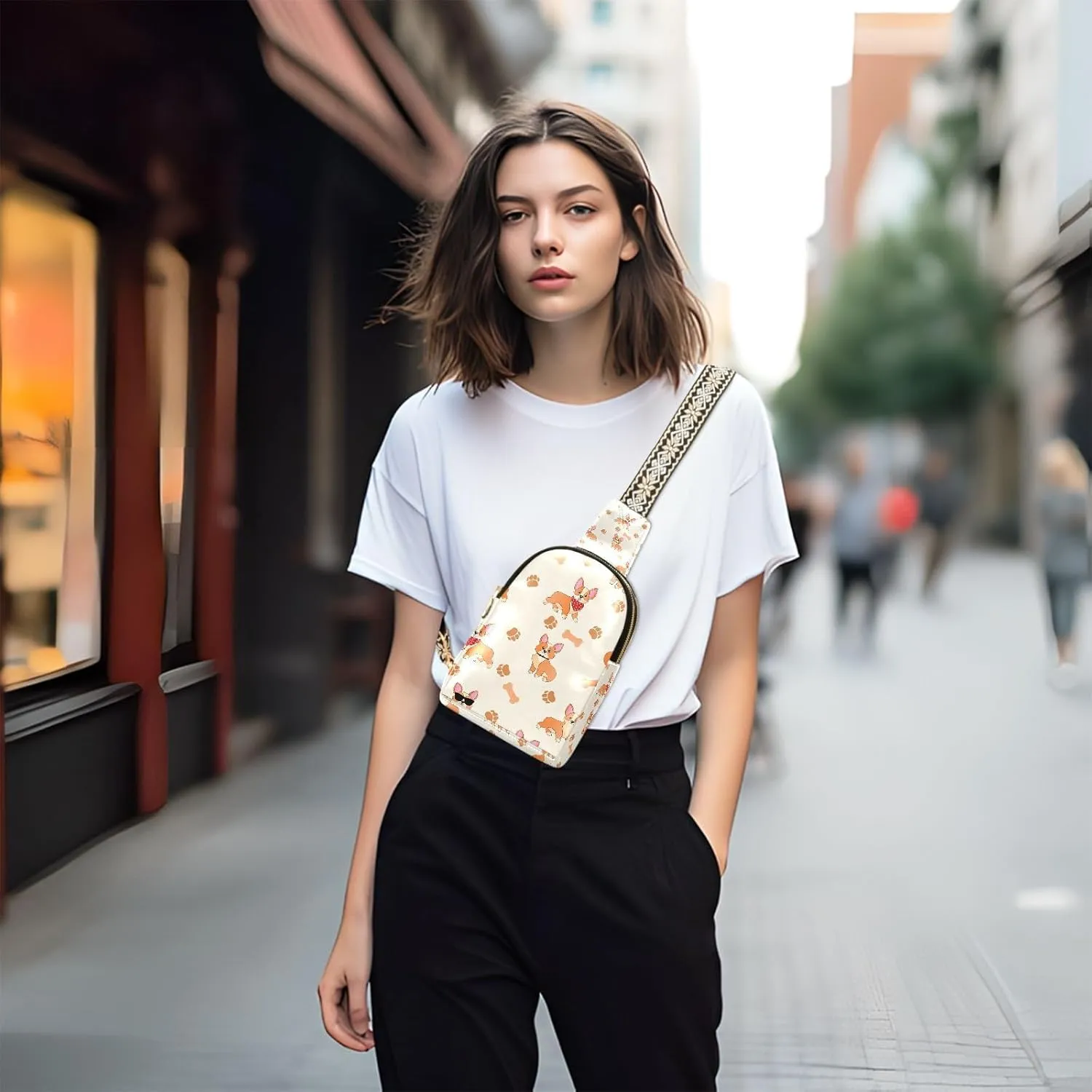 Small Sling Bag for Women Corgi with Paws and Bones Trendy Crossbody Bag Fanny Pack with Guitar Strap Funny Cartoons Leather Chest Bag for Women Outdoor Travel Outfit