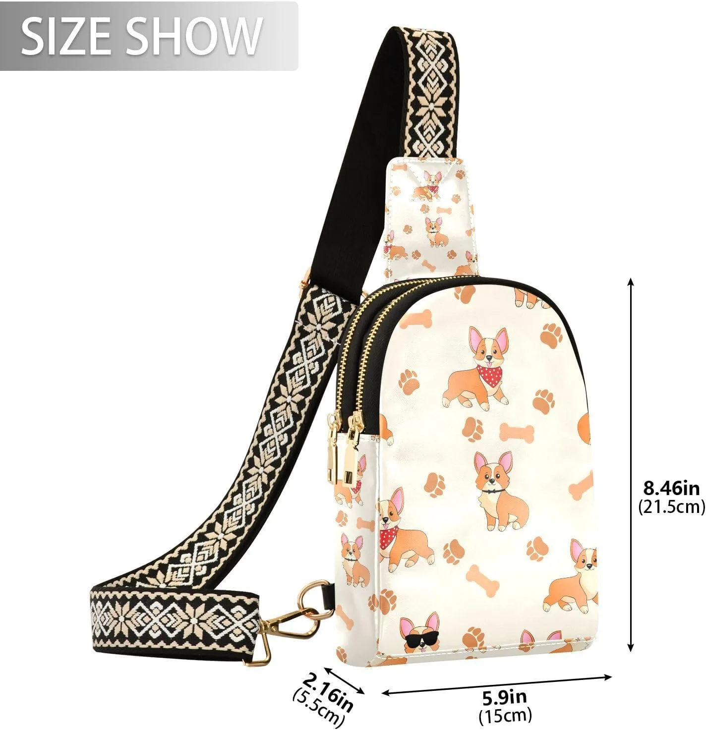 Small Sling Bag for Women Corgi with Paws and Bones Trendy Crossbody Bag Fanny Pack with Guitar Strap Funny Cartoons Leather Chest Bag for Women Outdoor Travel Outfit
