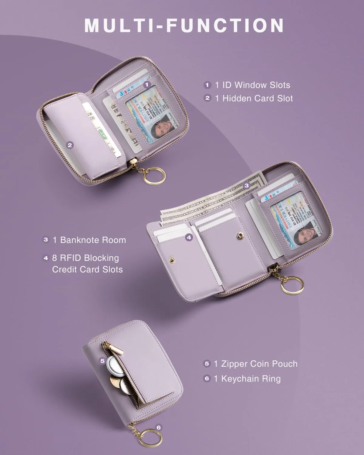 Small Wallet For Women RFID Blocking With Zipper Around Case Trifold Compact Leather Card Purse with Coin Pocket Lilac