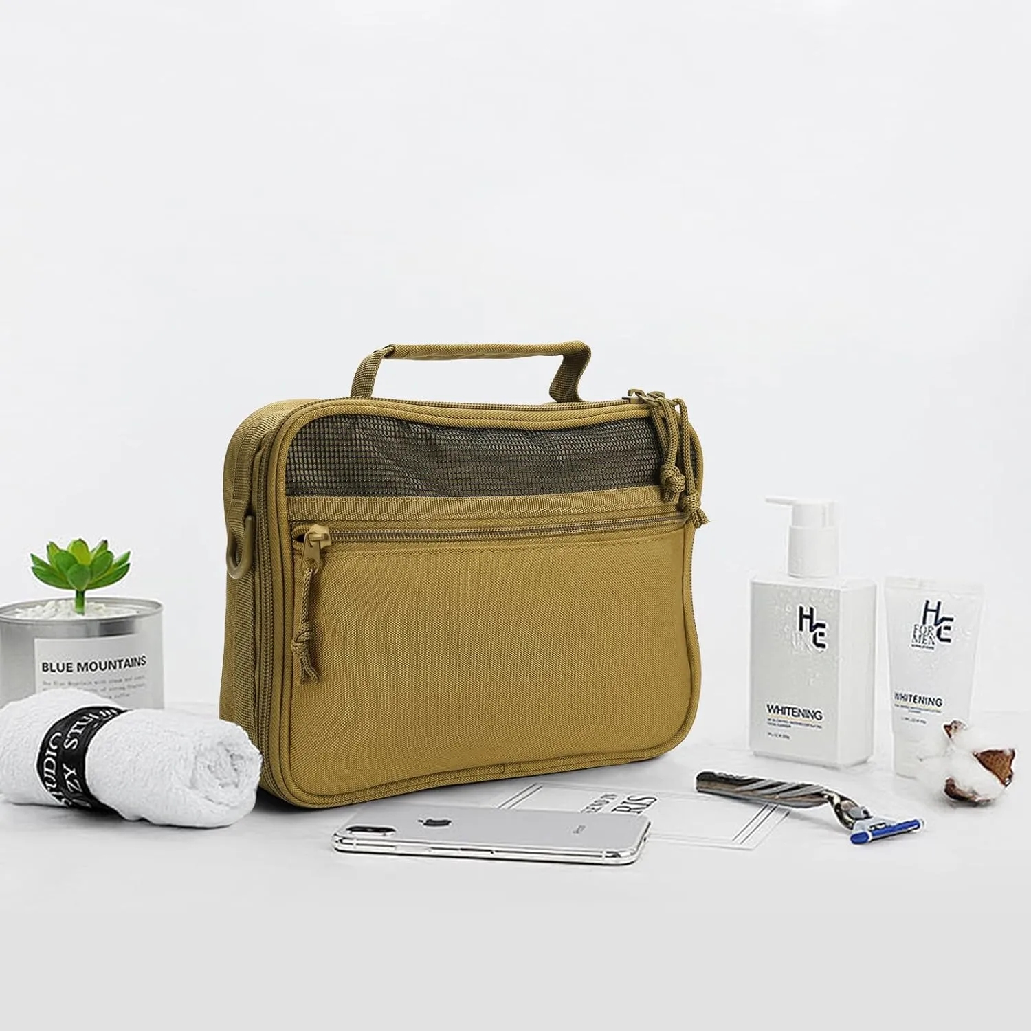 SMONT Toiletry Bag for Men Travel Toiletry Organizer Dopp Kit Organizer Toiletries Travel Bag Shaving Hygiene Bag Bathroom Hanging Men's Toiletry Bag for Short Trips Khaki