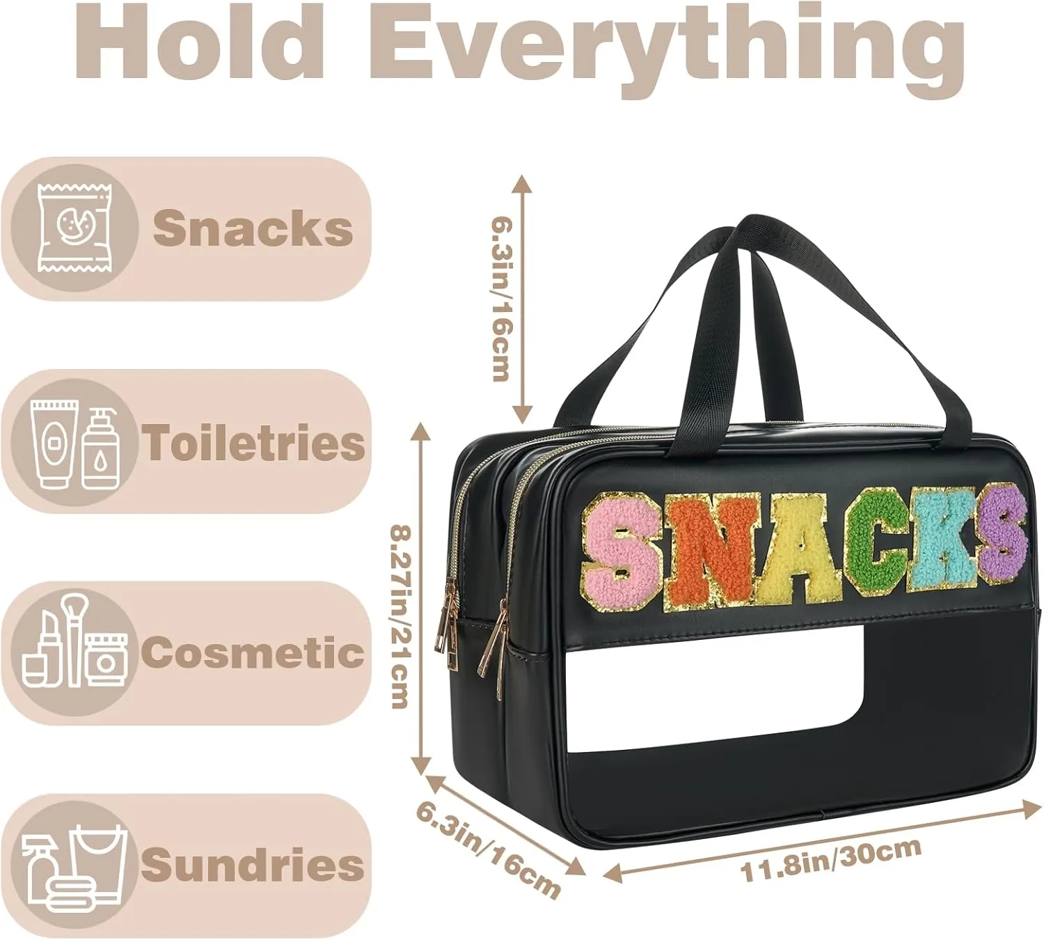Snack Bags Snack Bags for Travel Chenille Letter Bag Large Snack Bag Pouch Clear Zipper Pouches Varsity Letter Pouch Clear Varsity Letter Zipper Pouch, PU leather Large Travel Bag