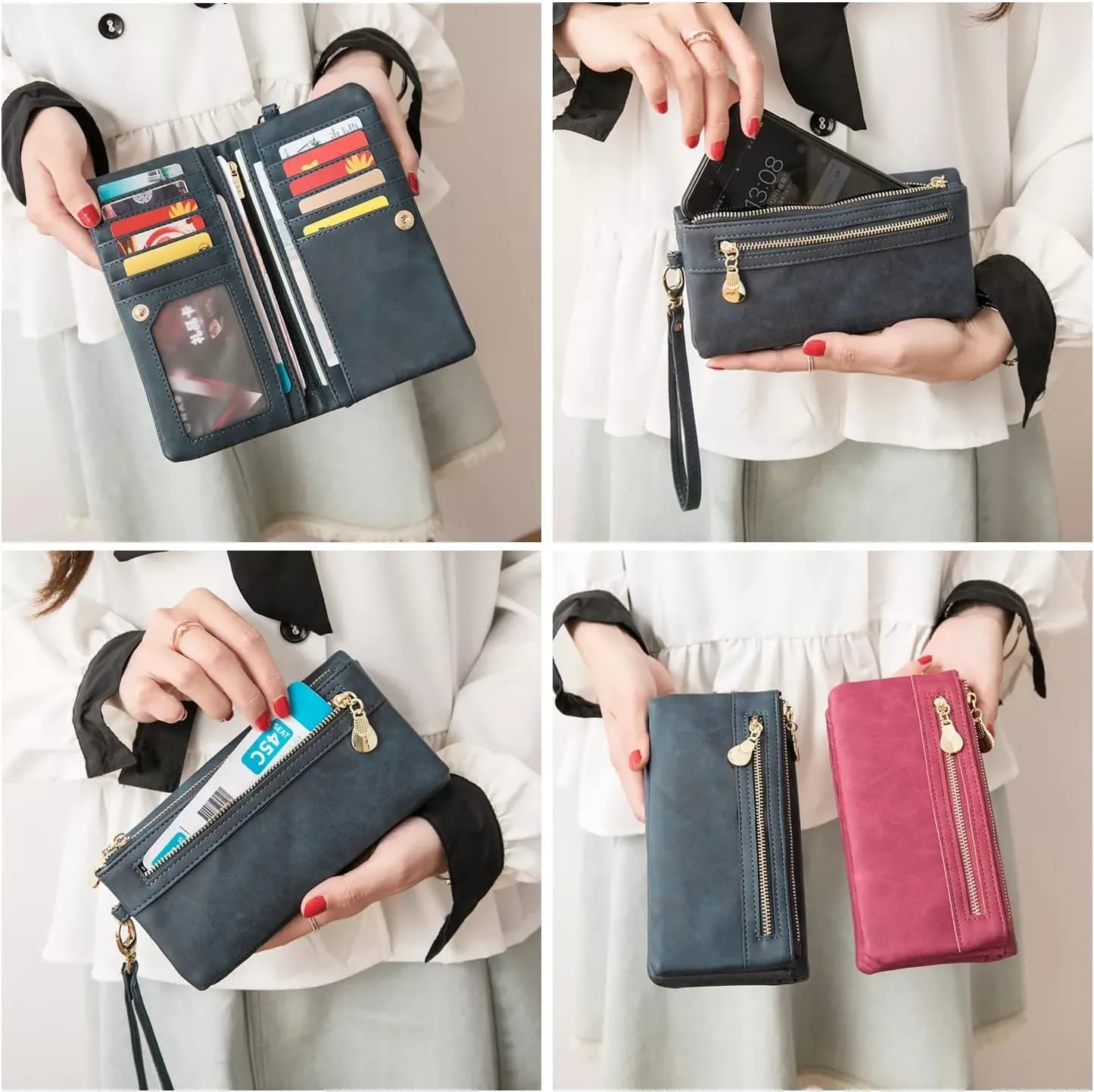 Soft Leather Long Wallet Wristlet with hand Strap Clutch Bag for Women Card holder Phone Bag (Coffee)