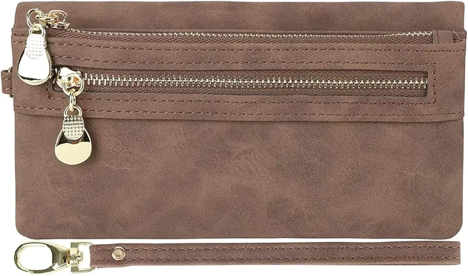 Soft Leather Long Wallet Wristlet with hand Strap Clutch Bag for Women Card holder Phone Bag (Coffee)