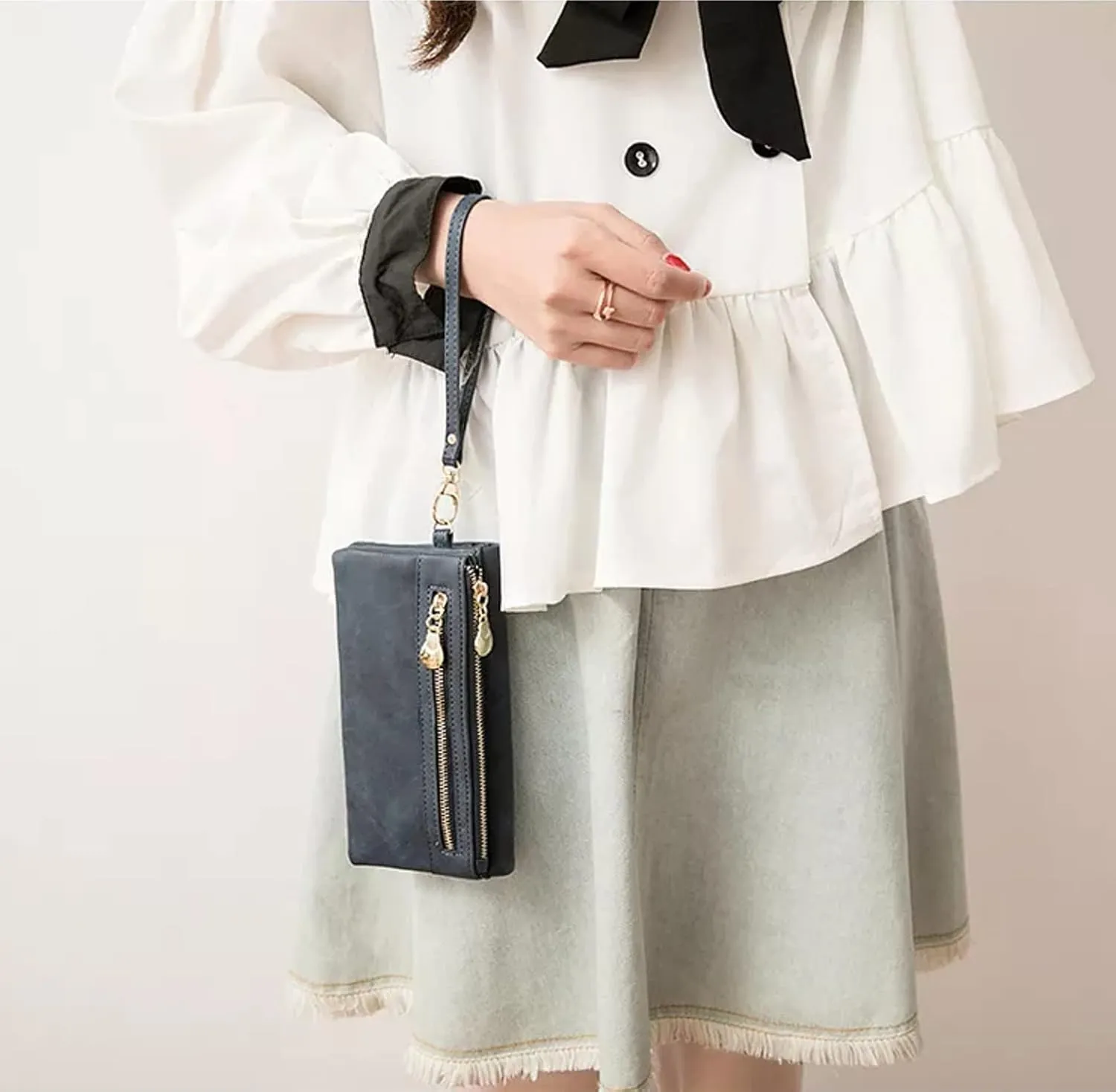 Soft Leather Long Wallet Wristlet with hand Strap Clutch Bag for Women Card holder Phone Bag (Coffee)