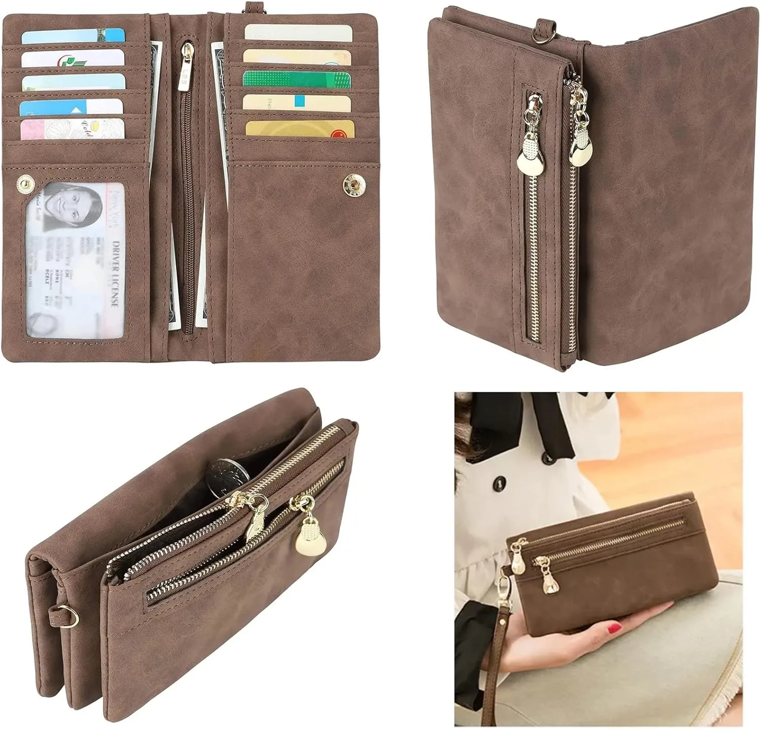 Soft Leather Long Wallet Wristlet with hand Strap Clutch Bag for Women Card holder Phone Bag (Coffee)