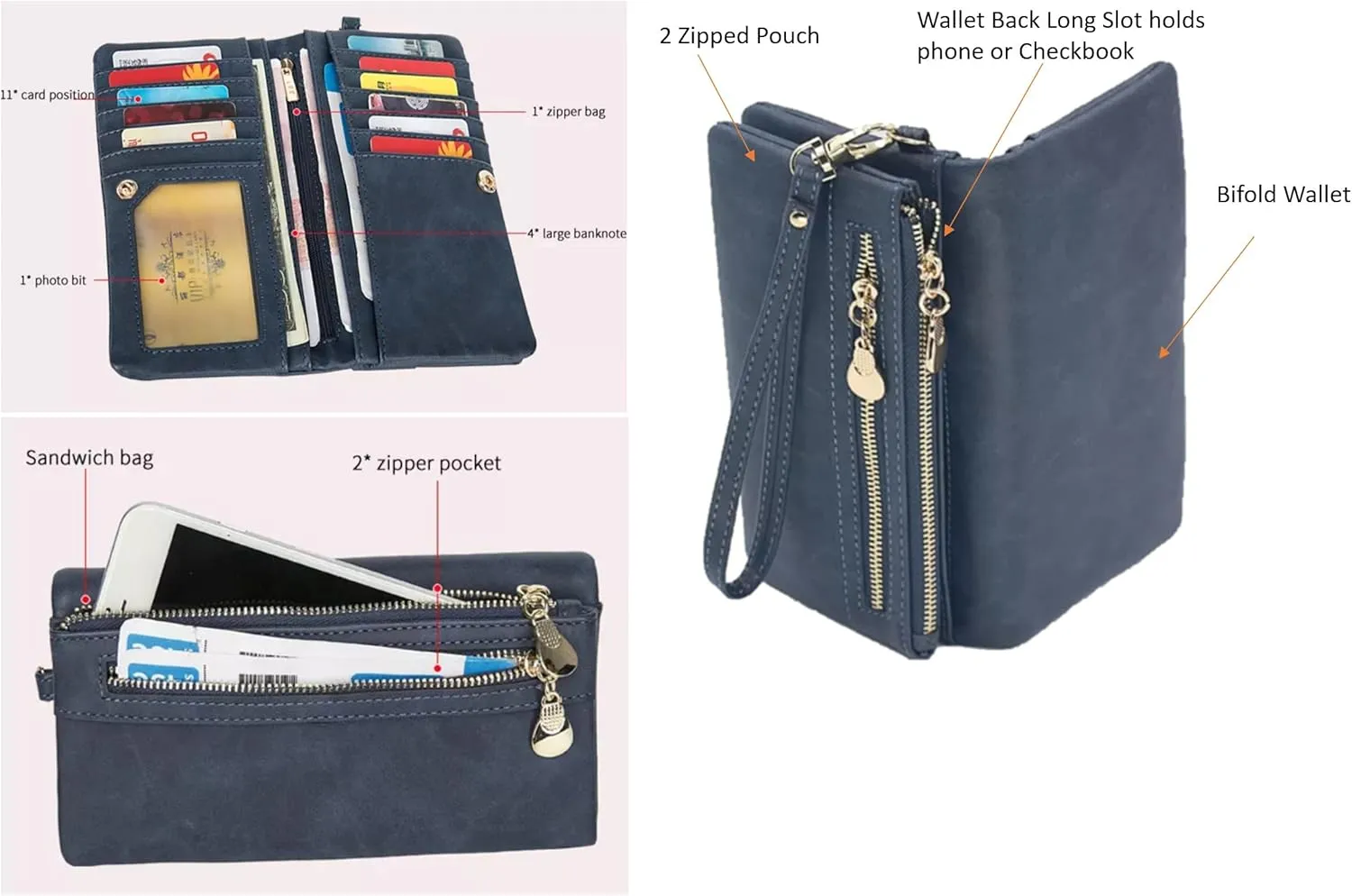 Soft Leather Long Wallet Wristlet with hand Strap Clutch Bag for Women Card holder Phone Bag (Coffee)