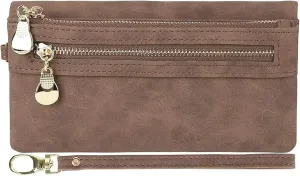 Soft Leather Long Wallet Wristlet with hand Strap Clutch Bag for Women Card holder Phone Bag (Coffee)