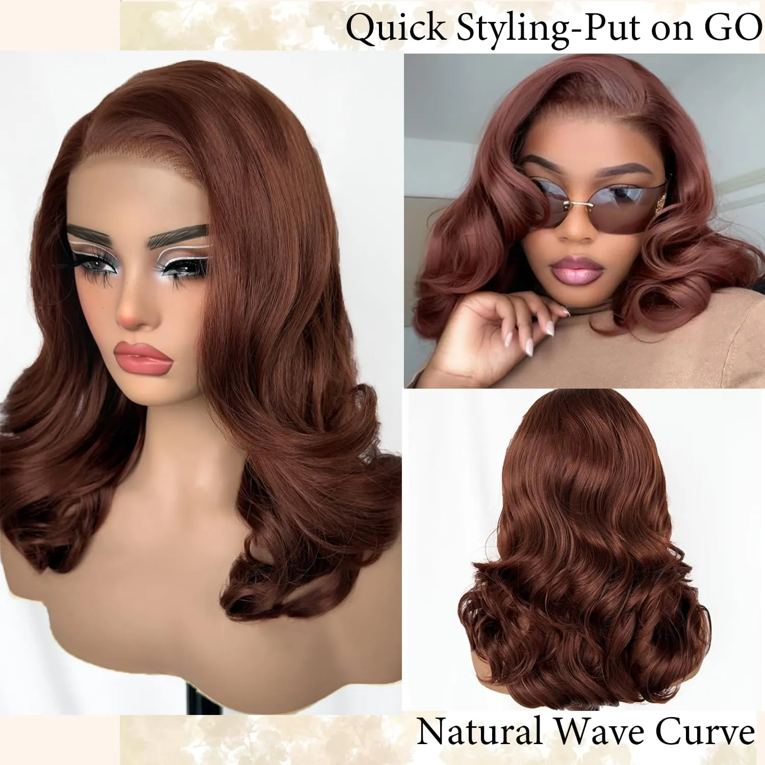 SOKU 13X6 Reddish Brown Lace Front Wigs Pre Layered, 18 Inch Short Wavy Glueless Wigs Pre Plucked, Copper Red Body Wave Synthetic Lace Front Wigs for Women