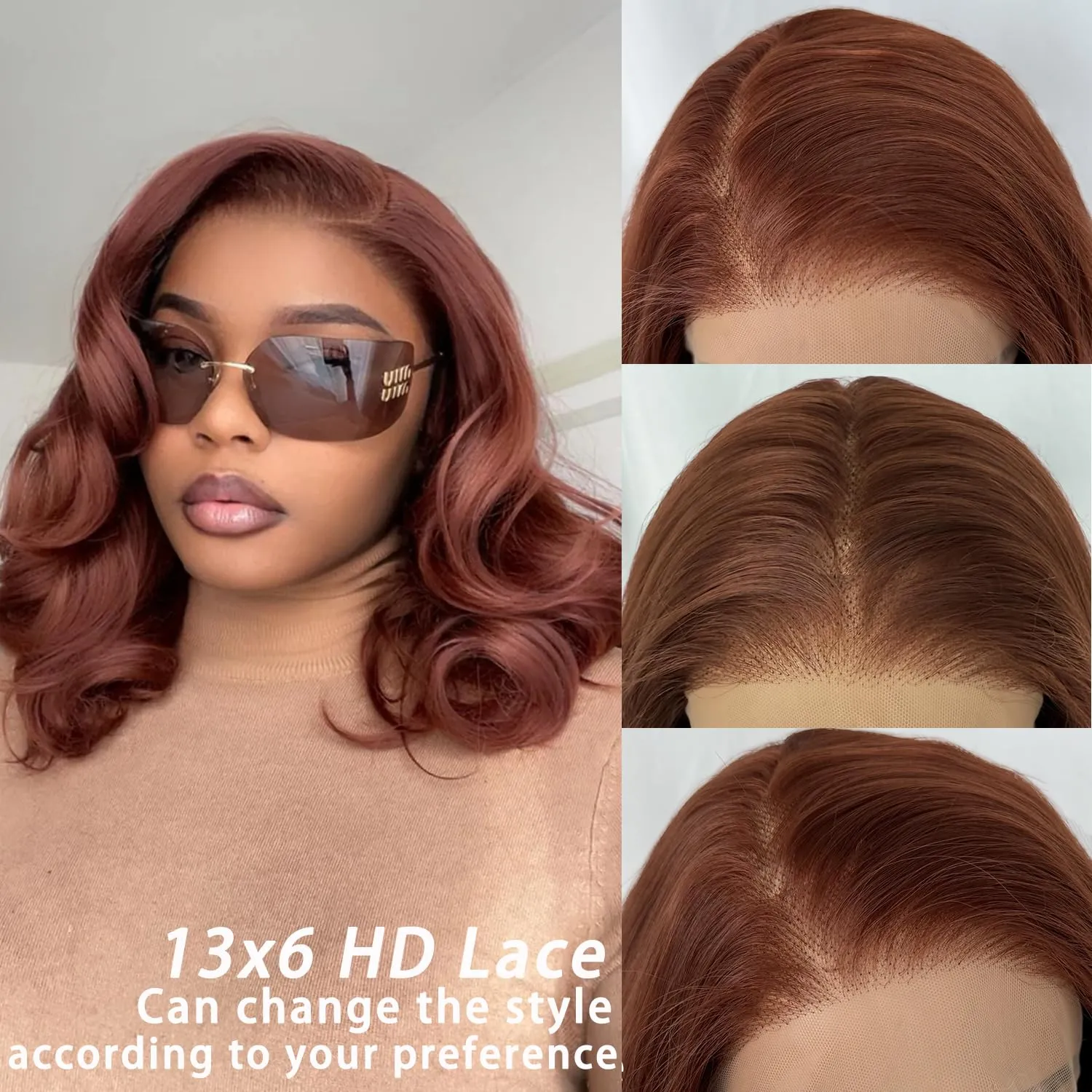 SOKU 13X6 Reddish Brown Lace Front Wigs Pre Layered, 18 Inch Short Wavy Glueless Wigs Pre Plucked, Copper Red Body Wave Synthetic Lace Front Wigs for Women