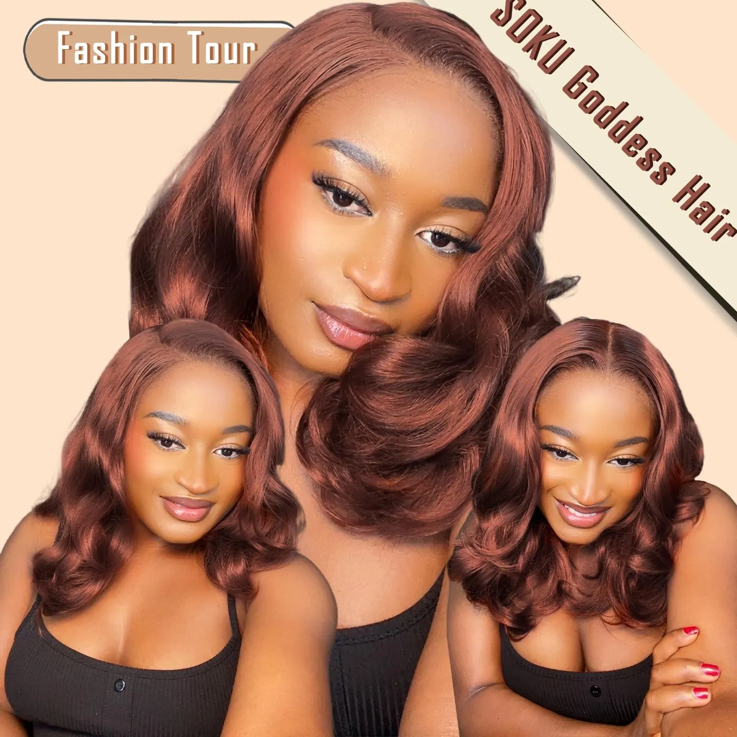 SOKU 13X6 Reddish Brown Lace Front Wigs Pre Layered, 18 Inch Short Wavy Glueless Wigs Pre Plucked, Copper Red Body Wave Synthetic Lace Front Wigs for Women