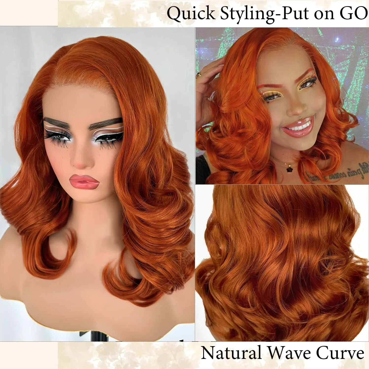 SOKU Ginger Body Wave Lace Front Wigs Pre Layered, 18 Inch Short Wavy Glueless Wigs Pre Plucked, 13x6 Orange Synthetic Lace Front Wig for Women, Ready to Wear Tiny Knots Wig for Beginners