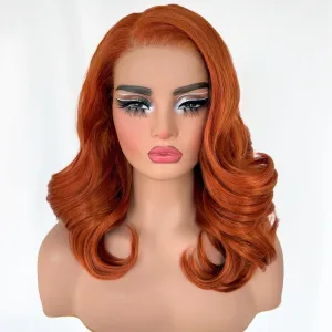 SOKU Ginger Body Wave Lace Front Wigs Pre Layered, 18 Inch Short Wavy Glueless Wigs Pre Plucked, 13x6 Orange Synthetic Lace Front Wig for Women, Ready to Wear Tiny Knots Wig for Beginners